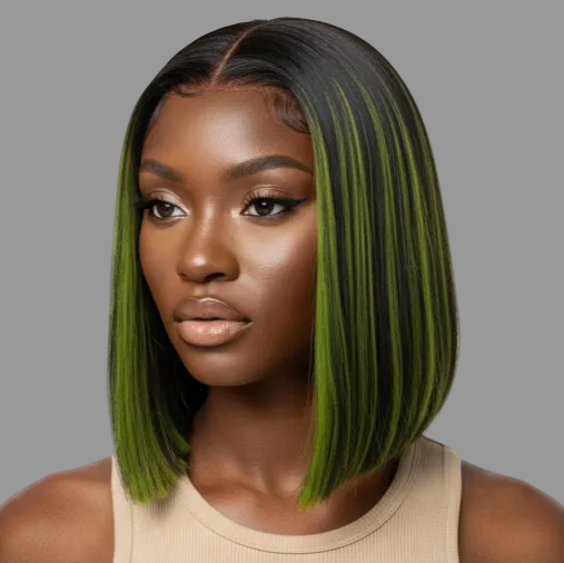 ɢʀᴇᴇɴ & ʙʟᴀᴄᴋ 2×6 ᴄʟᴏꜱᴜʀᴇ ʙᴏʙ ᴡɪɢ ꜱʜᴏʀᴛ ꜱᴛʀᴀɪɢʜᴛ