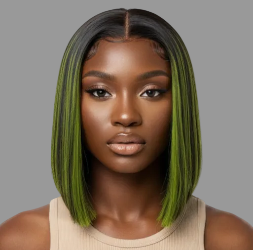 ɢʀᴇᴇɴ & ʙʟᴀᴄᴋ 2×6 ᴄʟᴏꜱᴜʀᴇ ʙᴏʙ ᴡɪɢ ꜱʜᴏʀᴛ ꜱᴛʀᴀɪɢʜᴛ