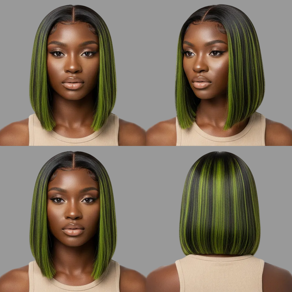 ɢʀᴇᴇɴ & ʙʟᴀᴄᴋ 2×6 ᴄʟᴏꜱᴜʀᴇ ʙᴏʙ ᴡɪɢ ꜱʜᴏʀᴛ ꜱᴛʀᴀɪɢʜᴛ