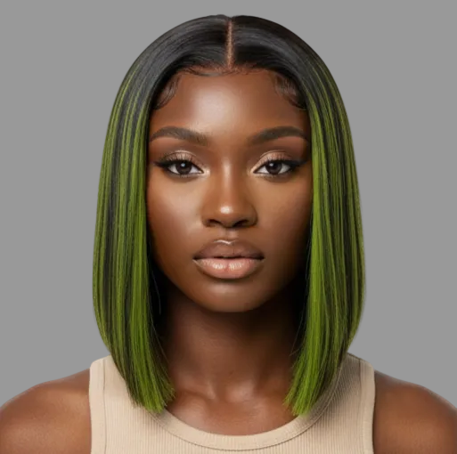 ɢʀᴇᴇɴ & ʙʟᴀᴄᴋ 2×6 ᴄʟᴏꜱᴜʀᴇ ʙᴏʙ ᴡɪɢ ꜱʜᴏʀᴛ ꜱᴛʀᴀɪɢʜᴛ