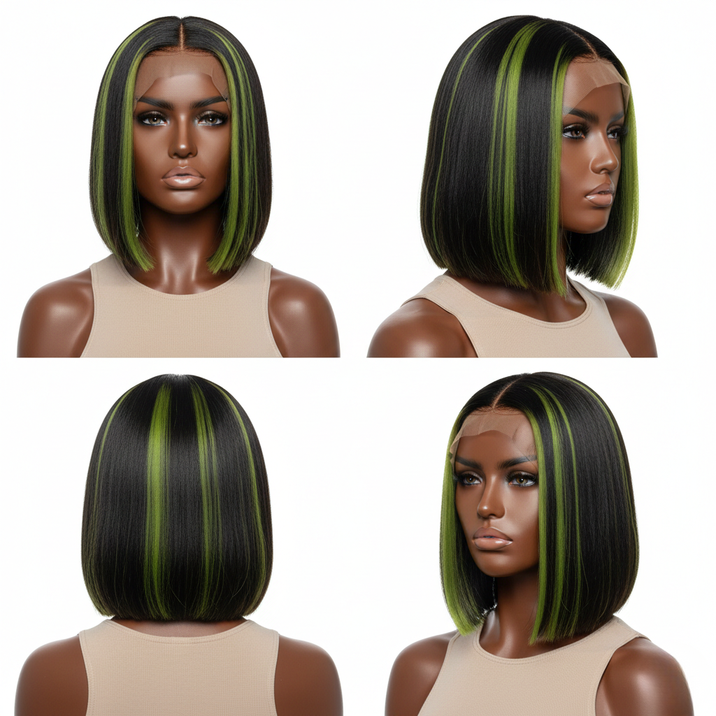 ɢʀᴇᴇɴ & ʙʟᴀᴄᴋ 2×6 ᴄʟᴏꜱᴜʀᴇ ʙᴏʙ ᴡɪɢ ꜱʜᴏʀᴛ ꜱᴛʀᴀɪɢʜᴛ